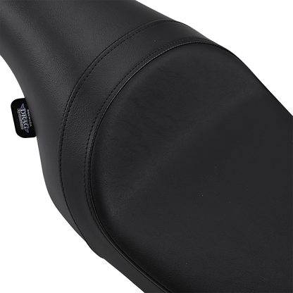 Drag Specialties Predator Seat for Harley FL '08-'23, smooth black motorcycle seat with sleek design.