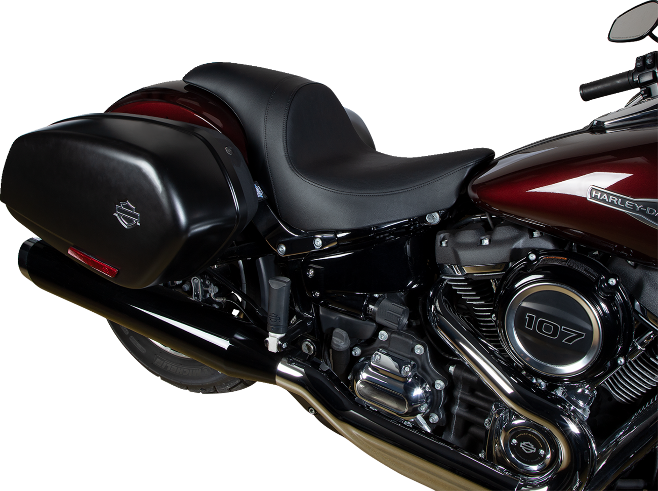 Drag Specialties Predator Seat in smooth vinyl for FLSB/FXLR motorcycles, model years 2018-2023, with part number 0802-1516.