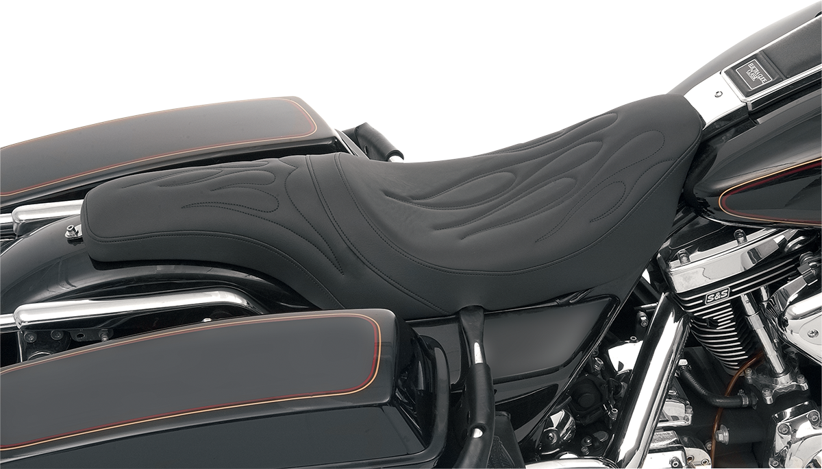 Drag Specialties Predator Seat with Flame Stitching for FLHR/FLHX motorcycles, 1997-2007, featuring black leather and detailed flame design.