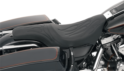 Drag Specialties Predator Seat with Flame Stitching for FLHR/FLHX motorcycles, 1997-2007, featuring black leather and detailed flame design.