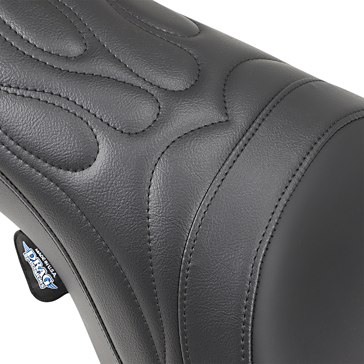 DRAG SPECIALTIES SEATS Predator Seat with Flame Stitching for Harley FLHR and FLHX 1997-2007, showing the detailed flame stitching design.