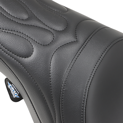 DRAG SPECIALTIES SEATS Predator Seat with Flame Stitching for Harley FLHR and FLHX 1997-2007, showing the detailed flame stitching design.