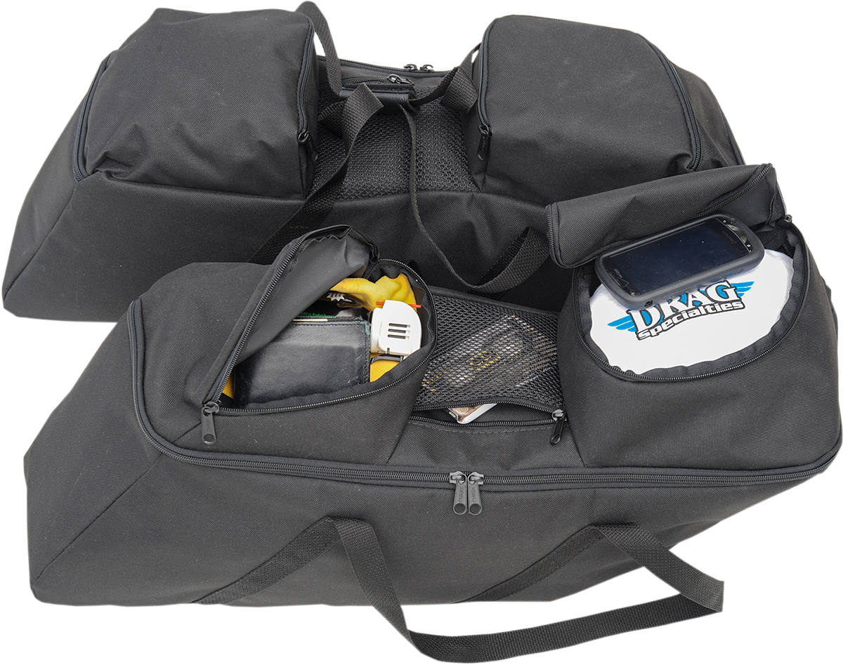 Black saddlebag liners for FL motorcycles, Drag Specialties Seats brand, designed for 2014-2022 Harley-Davidson FL models.