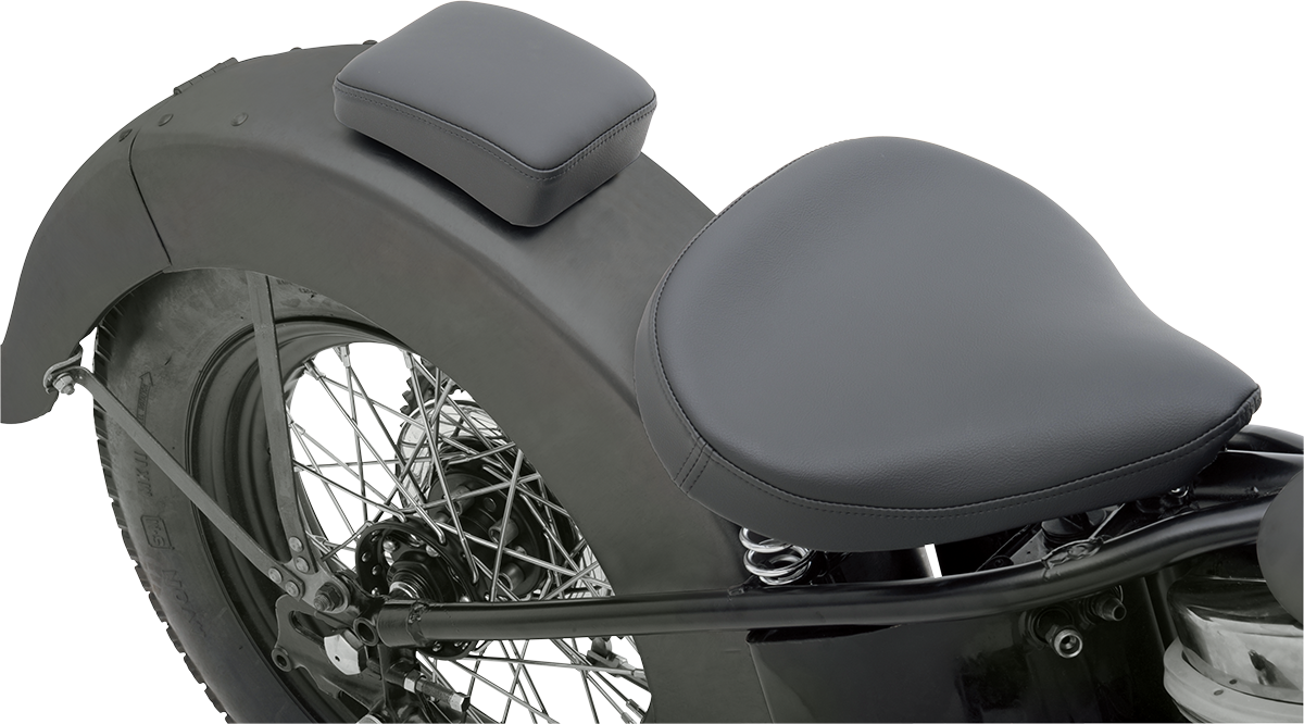 Black small pillion seat by Drag Specialties, designed for motorcycle comfort and style.