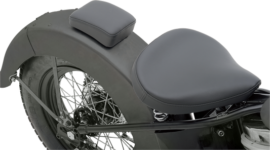 Black small pillion seat by Drag Specialties, designed for motorcycle comfort and style.