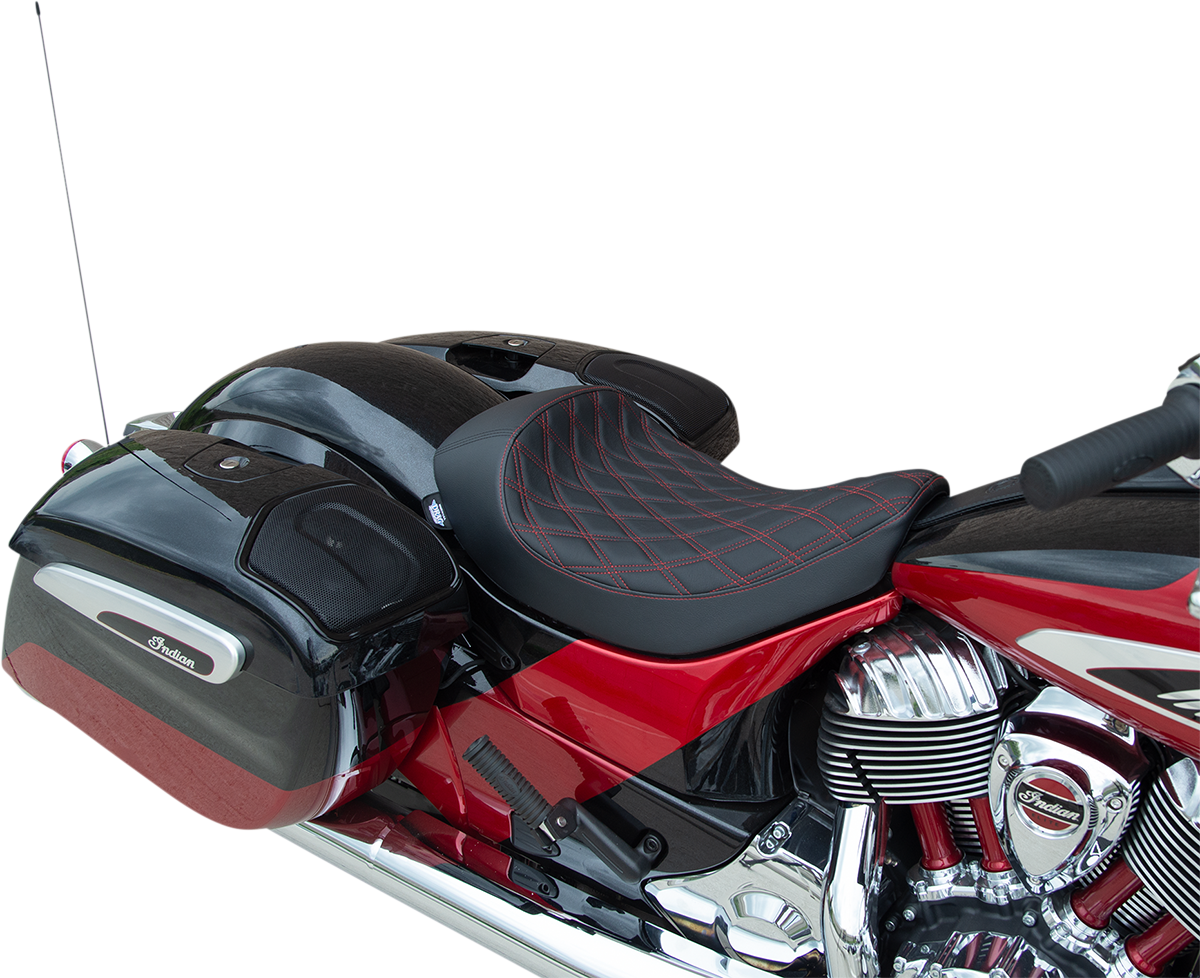 DRAG SPECIALTIES SEATS Solo Seat with Double Diamond design and red stitching for Indian motorcycles 2014-2022, part #0810-2269