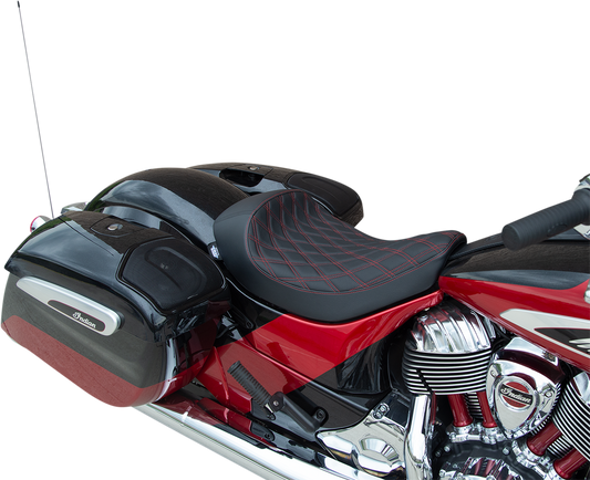 DRAG SPECIALTIES SEATS Solo Seat with Double Diamond design and red stitching for Indian motorcycles 2014-2022, part #0810-2269