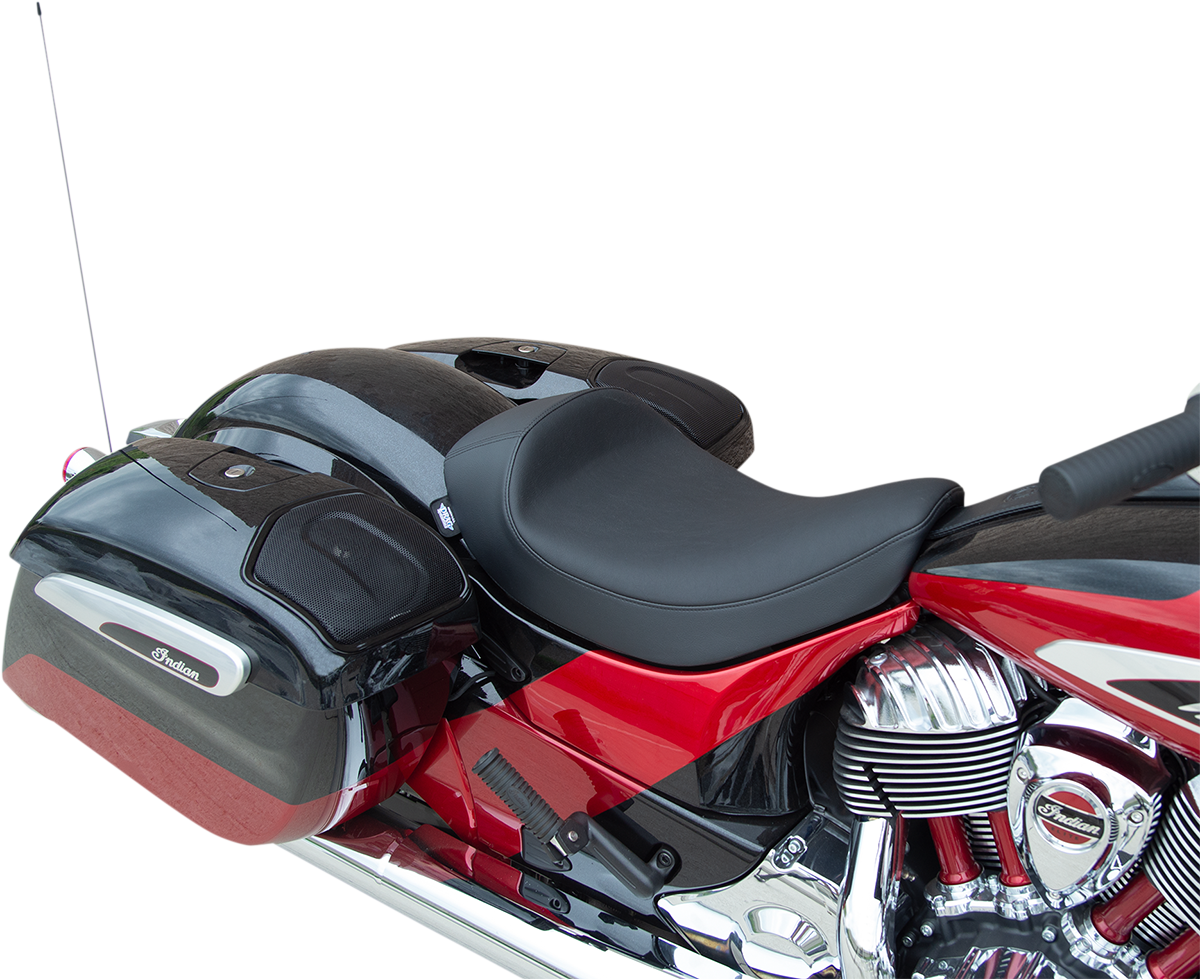 Drag Specialties solo seat for Indian motorcycles 2014-2022 with narrow front and 1.5-inch rear position, black leather seat.