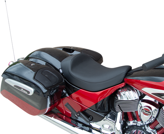 Drag Specialties solo seat for Indian motorcycles 2014-2022 with narrow front and 1.5-inch rear position, black leather seat.