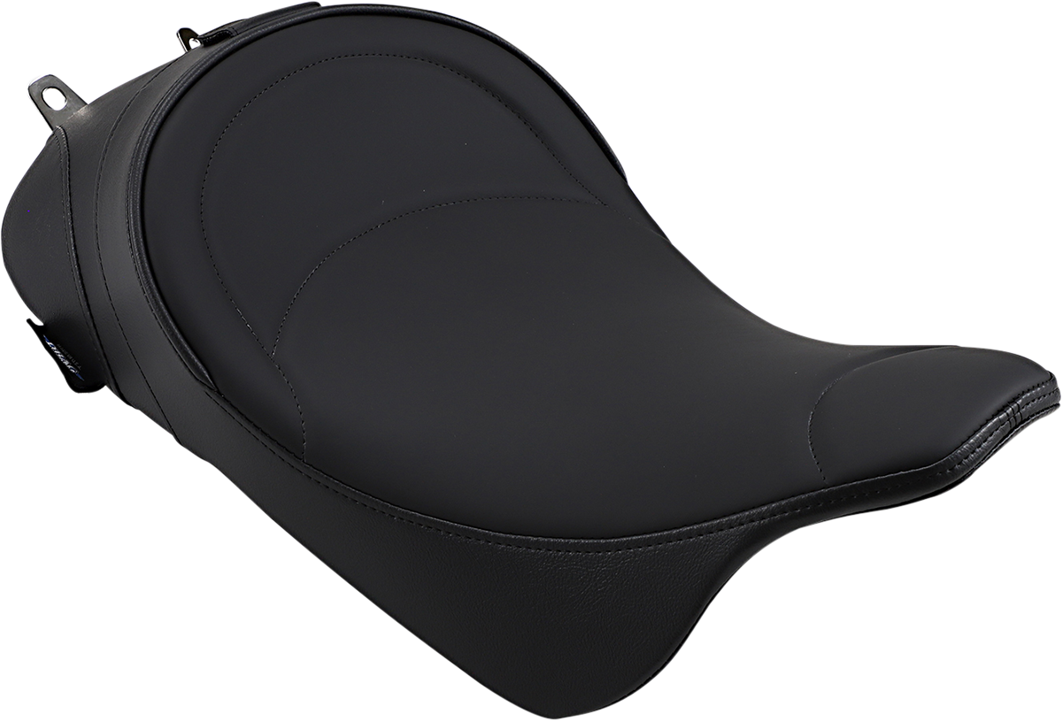 Drag Specialties solo seat with driver backrest for Harley FL models 2008-2023, featuring mild stitching and sleek design.