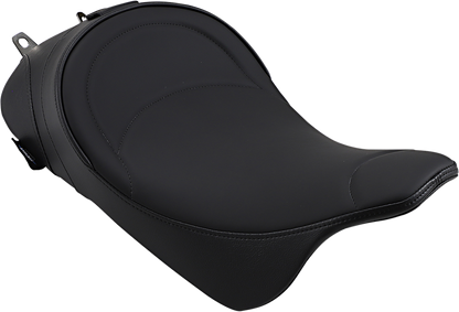Drag Specialties solo seat with driver backrest for Harley FL models 2008-2023, featuring mild stitching and sleek design.
