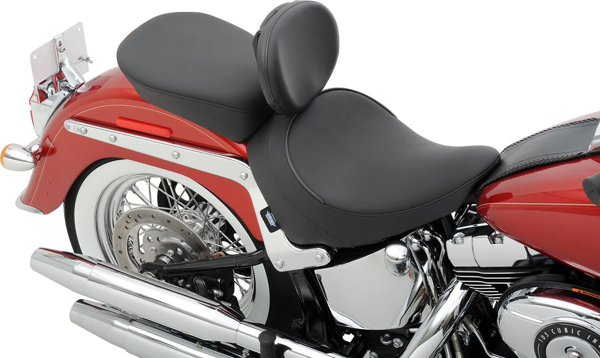 Drag Specialties solo seat with backrest for Harley FLST 2000-2017, featuring smooth design and durable construction.