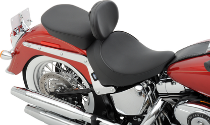 Drag Specialties solo seat with backrest for Harley FLST 2000-2017, featuring smooth design and durable construction.