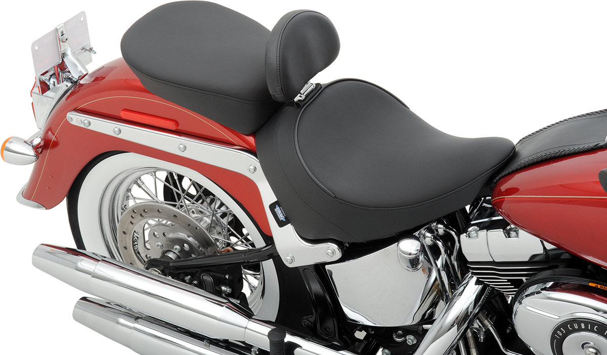 Drag Specialties solo seat with backrest for FLST motorcycles, smooth design, compatible with 2000-2017 Harley-Davidson Fat Boy.