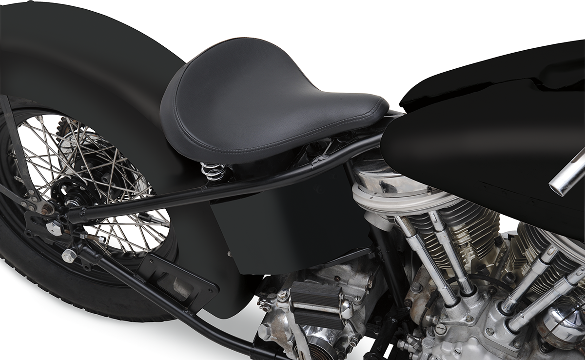 Drag Specialties Seats Spring Solo Seat in large black vinyl with adjustable front hinge and rear mount studs.