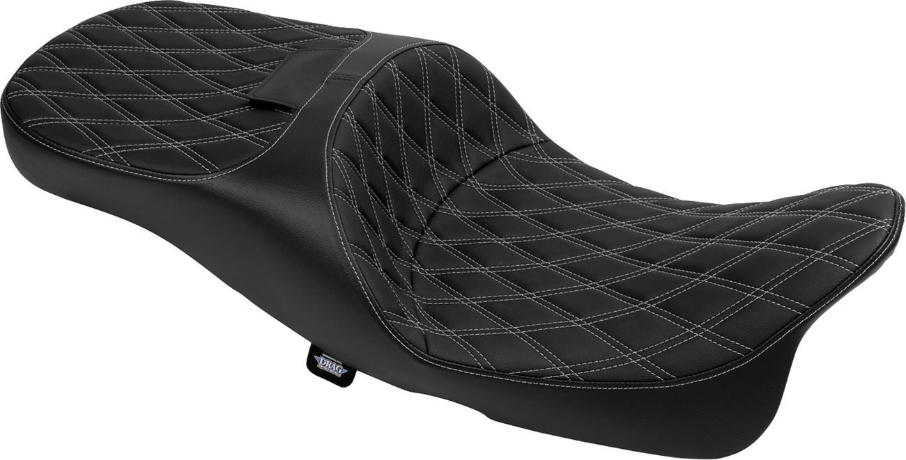 Extended reach Harley FLT/FLH seat by Drag Specialties with double diamond vinyl and silver stitching, model 4696C.