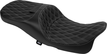 Extended reach Harley FLT/FLH seat by Drag Specialties with double diamond vinyl and silver stitching, model 4696C.
