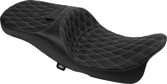 Extended reach Harley FLT/FLH seat by Drag Specialties with double diamond vinyl and silver stitching, model 4696C.