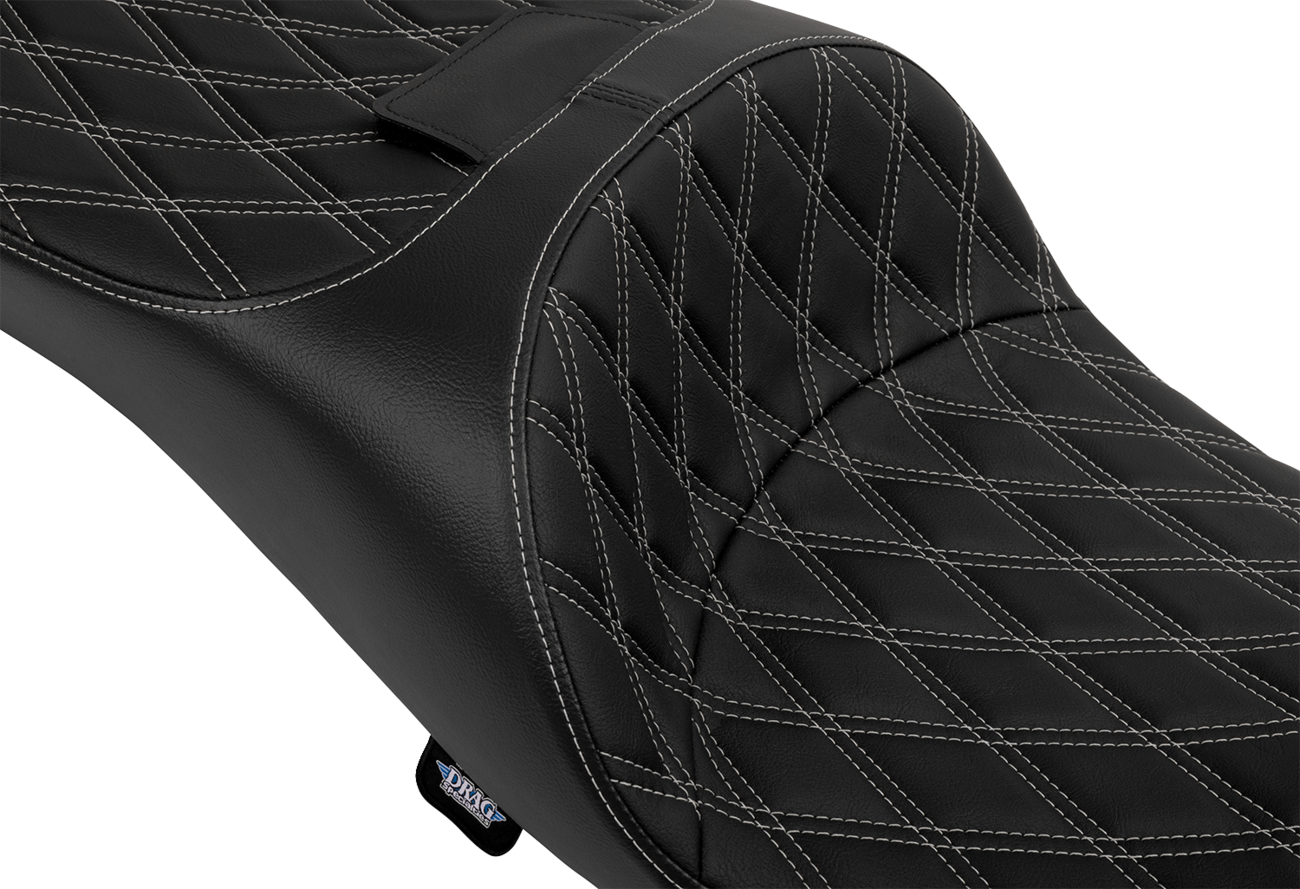 Extended reach Harley FLT/FLH seat by Drag Specialties with double diamond vinyl and silver stitching, model 4696C.