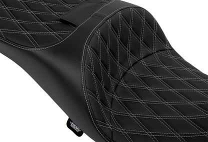 Extended reach Harley FLT/FLH seat by Drag Specialties with double diamond vinyl and silver stitching, model 4696C.