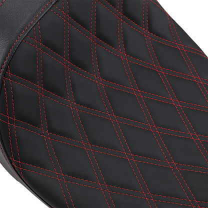 Drag Specialties Predator 2-up seat with double diamond pattern and red stitching for Harley Davidson FL 2008-2023.
