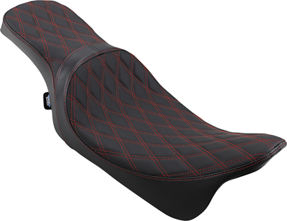 Drag Specialties Predator 2-up seat with double diamond pattern and red stitching for Harley Davidson FL models 2008-2023.