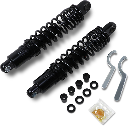 Black Drag Specialties C16-0167NUAB motorcycle shocks, 12.5 inches, premium ride-height adjustable suspension for bikes.