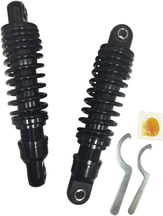 Drag Specialties shocks for Harley-Davidson, black 10.5-inch premium motorcycle shocks with coil spring for enhanced ride quality.