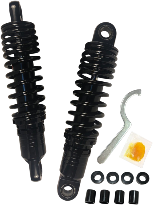 Black DRAG SPECIALTIES SHOCKS premium ride-height adjustable shocks, 11.5 inches, designed for motorcycle suspension.