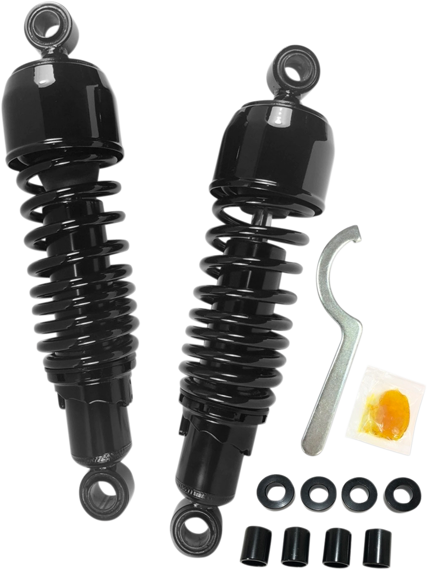 Black Drag Specialties shocks, 11.5-inch replacement shock absorbers for motorcycles, with a durable and sleek design.
