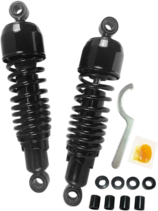 Black Drag Specialties shocks, 11.5-inch replacement shock absorbers for motorcycles, with a durable and sleek design.
