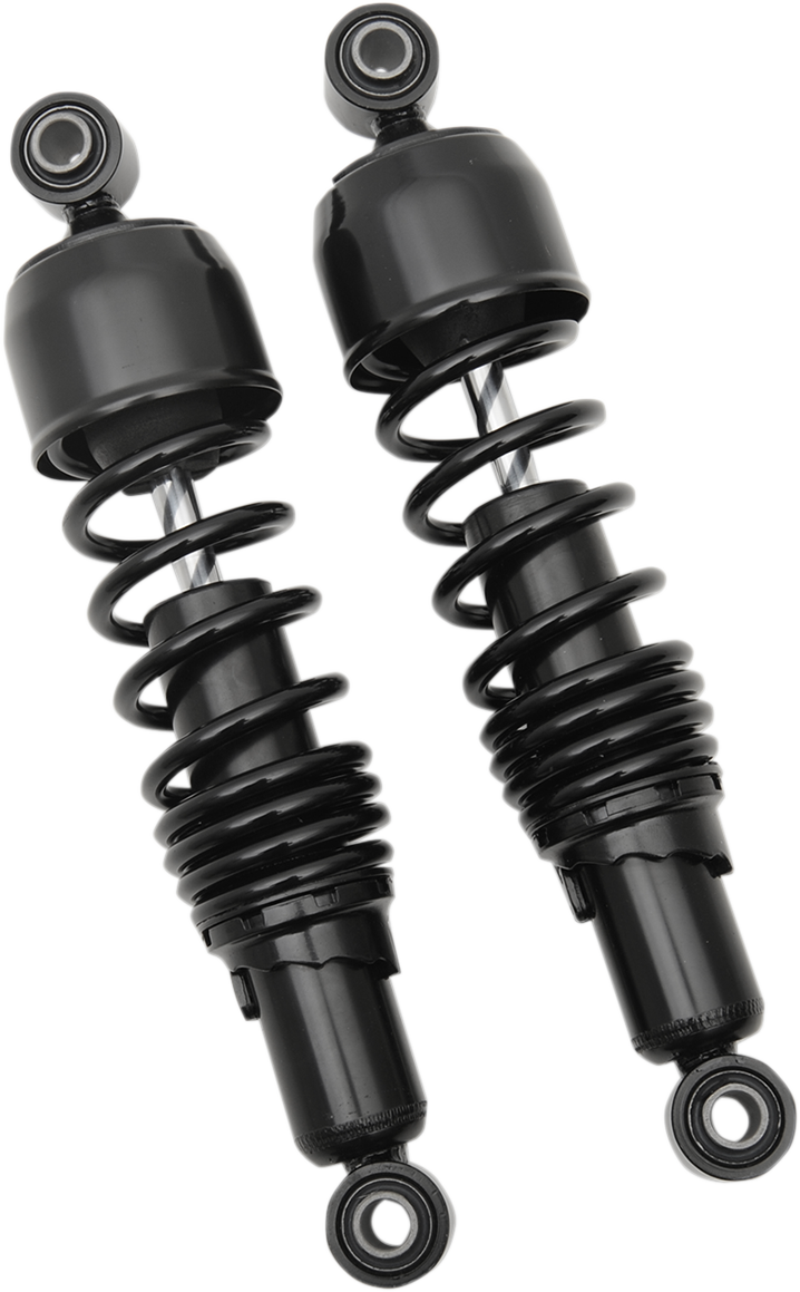 Black 11-inch Drag Specialties Shock Absorbers for motorcycles, replacement shocks with durable construction and sleek finish.