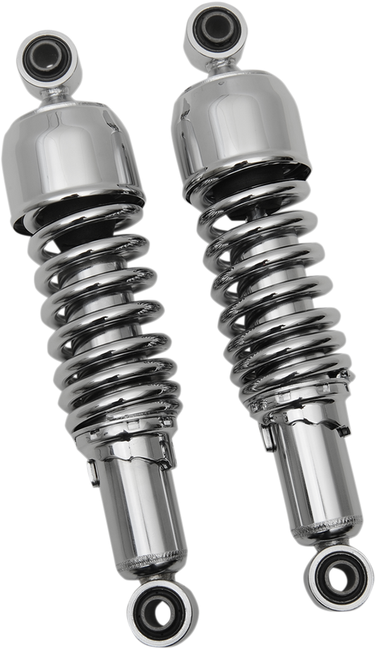 Chrome Drag Specialties shocks, 11-inch replacement shock absorbers with black mounting hardware for motorcycle suspension.