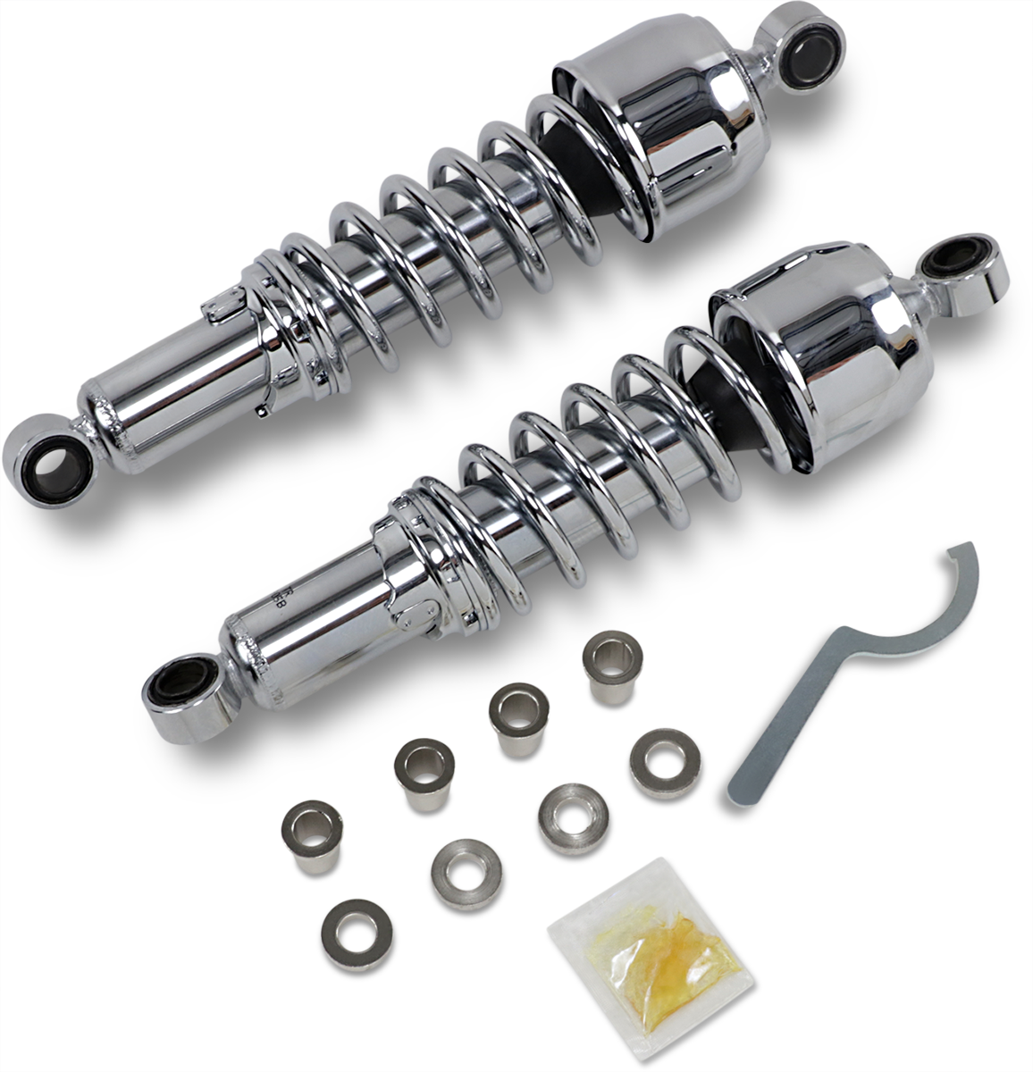 Chrome Drag Specialties shocks, 12.5-inch replacement shock absorbers, featuring durable construction and a sleek chrome finish.