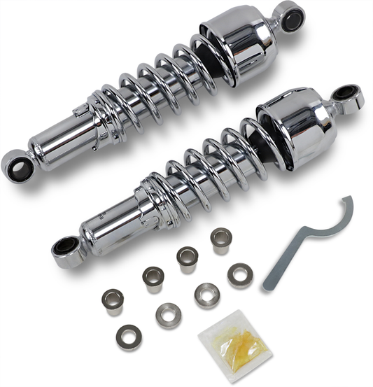 Chrome Drag Specialties shocks, 12.5-inch replacement shock absorbers, featuring durable construction and a sleek chrome finish.
