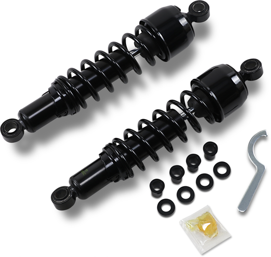 Black 13-inch DRAG SPECIALTIES SHOCKS replacement shock absorbers, showcasing the durable design and brand logo.