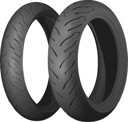 Dunlop AE2 front motorcycle tire for V-twin cruisers and touring bikes, featuring rugged tread design and mounted on a 16-inch rim.