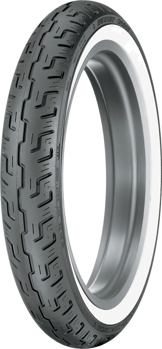 Dunlop D401 front tire 100/90-19 with wide whitewall for Harley-Davidson cruiser motorcycles, mounted on wheel.