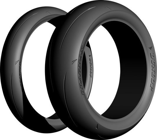 Dunlop Dragmax front motorcycle tire 110/60ZR17 for drag racing and high-performance motorcycle riding.