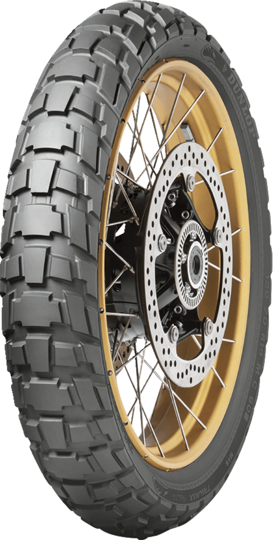 Dunlop Trailmax Raid front motorcycle tire 120/70R19 with 60T load rating, designed for adventure and dual-sport bikes.