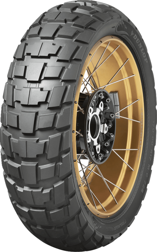 Dunlop Trailmax Raid rear tire 140/80-17 for dual-sport and adventure motorcycles, mounted on a bike wheel.