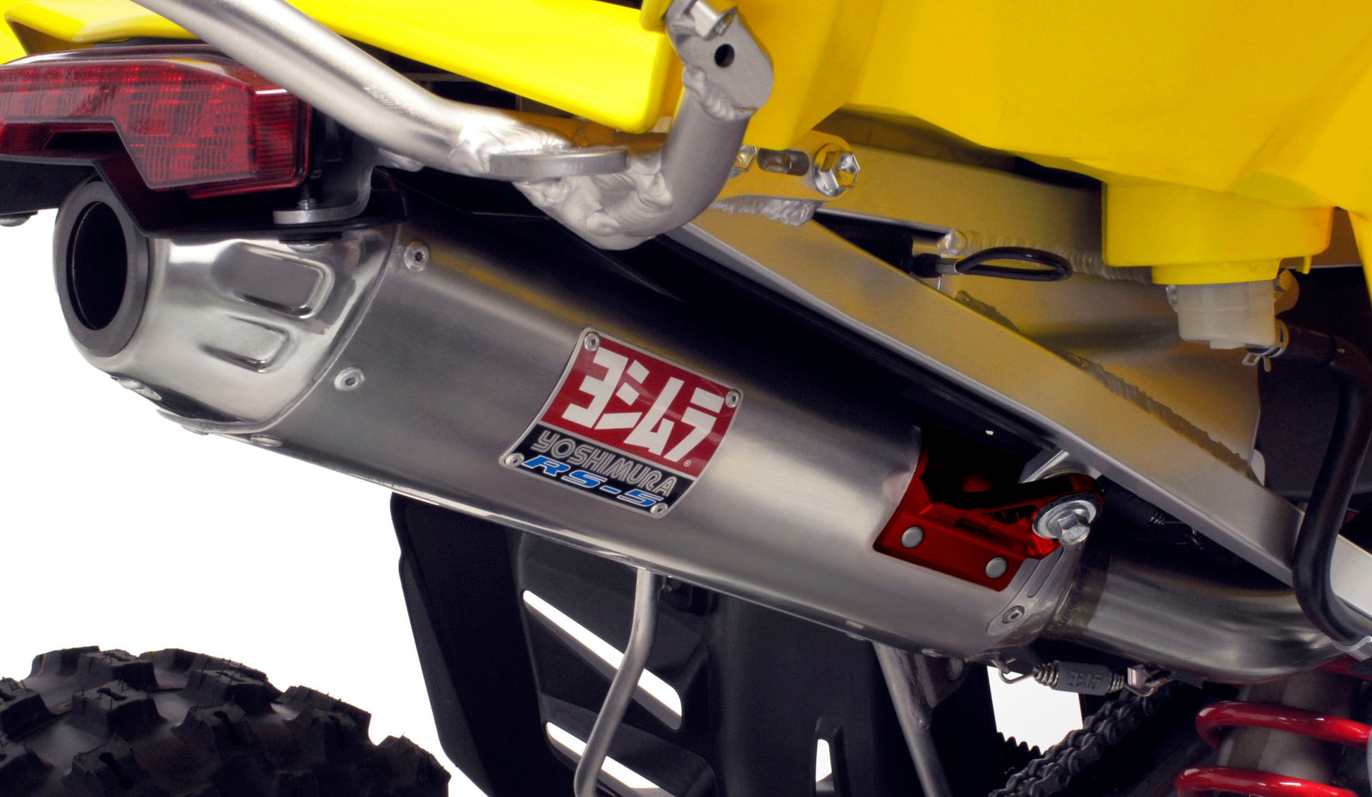 YOSHIMURA Signature RS-5 full exhaust system for UTVs, shown installed with sleek metal finish and signature design details.