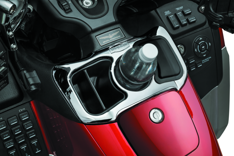 Chrome Kuryakyn glove box cubby for 2012-2017 Honda Gold Wing F6B shown installed on motorcycle dashboard.