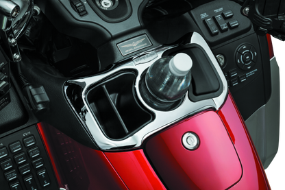 Chrome Kuryakyn glove box cubby for 2012-2017 Honda Gold Wing F6B shown installed on motorcycle dashboard.
