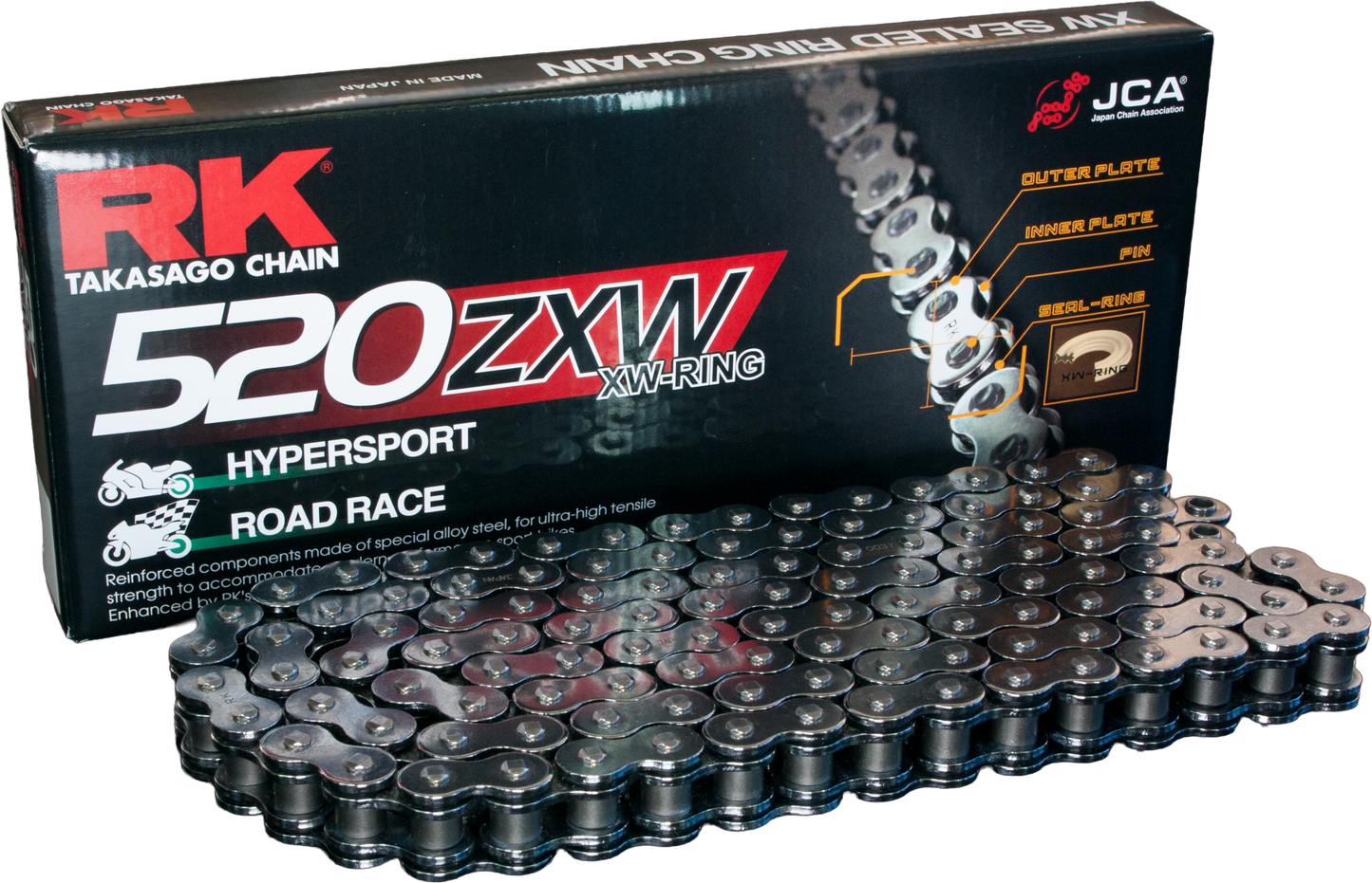 RK EXCEL CC520ZXW-120 motorcycle drive chain for racing and high-performance bikes, shown in close-up detail.