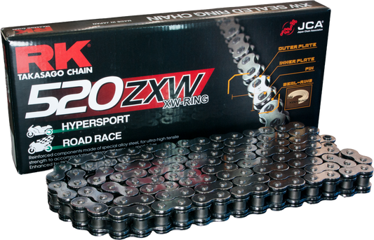 RK EXCEL CC520ZXW-120 motorcycle drive chain for racing and high-performance bikes, shown in close-up detail.