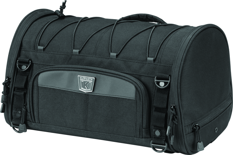 Kuryakyn Momentum Roll Bag for motorcycles, versatile storage with multiple mounting options, shown with straps and mounting hardware.