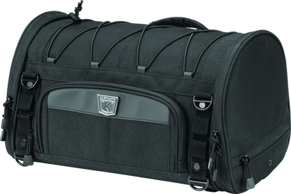 Kuryakyn Momentum Roll Bag for motorcycles, versatile storage with multiple mounting options, shown with straps and mounting hardware.