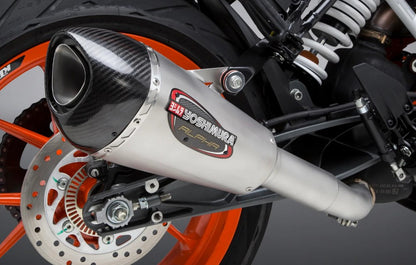 YOSHIMURA Street Alpha T Slip-On exhaust with stainless steel and carbon fiber finish installed on motorcycle, part #16381BP520