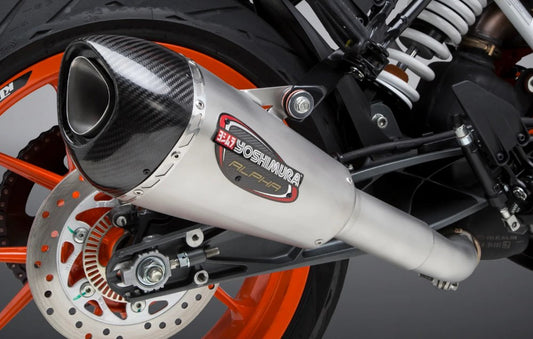 YOSHIMURA Street Alpha T Slip-On exhaust with stainless steel and carbon fiber finish installed on motorcycle, part #16381BP520